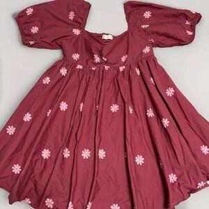 Altar'd State Floral Embroidered Puff Sleeve Mini Dress Dark Pink - Size Medium